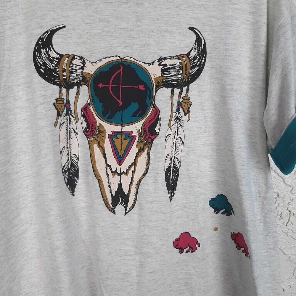 VINTAGE‎ Southwest Shirt Native Buffalo Skull 90s Graphic Short Sleeve Tee - Picture 4 of 7